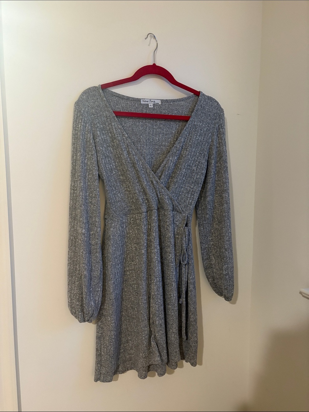 Grey Ribbed Wrap Long-Sleeve Dress with Tie Waist